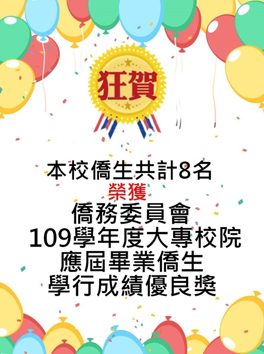 本校8名僑生榮獲僑務委員會109學年度大專校院應屆畢業僑生學生成績優良獎